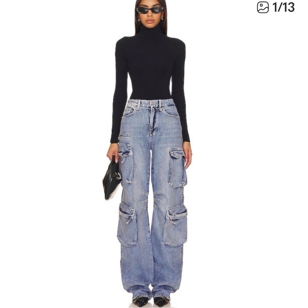 Good American Wide Leg Baggy Denim Cargo Jeans in Indigo Size 28 Plus NWT 225$ - Picture 2 of 16